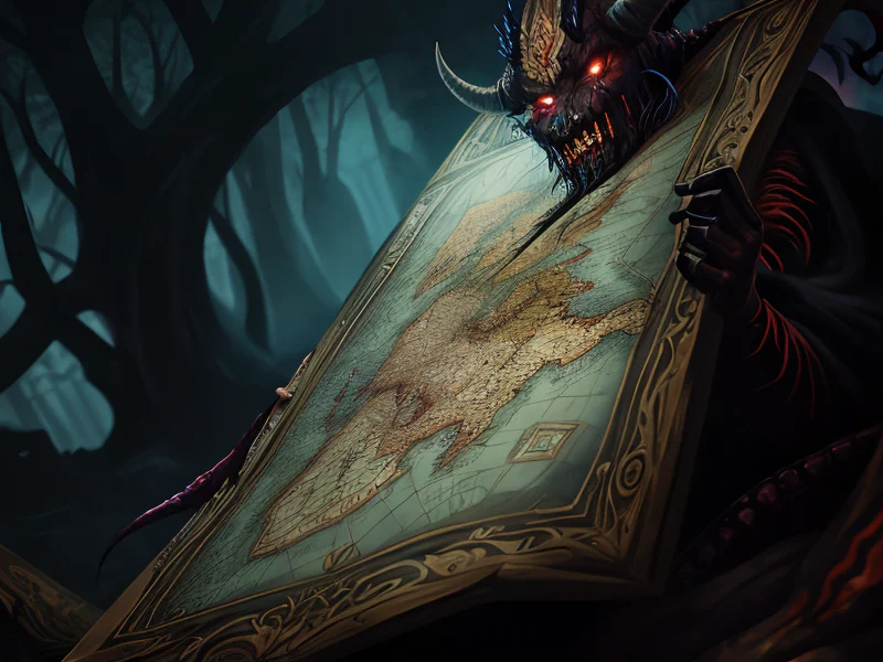 Arcane (Demon:1.35), Warlock, A cloak patched with maps of unknown continents, low angle shot