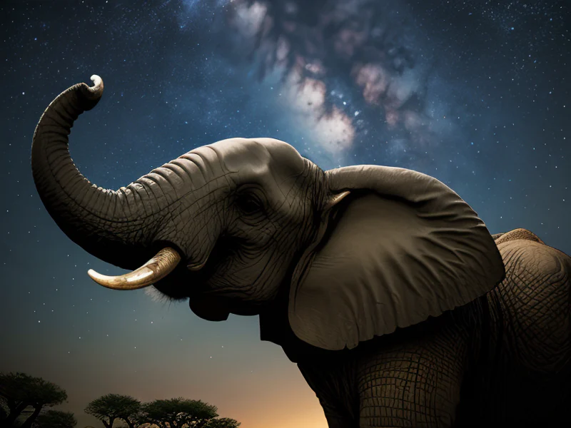 Ferocious (Elephant:1.35), In a celestial observatory surrounded by stars, low angle shot