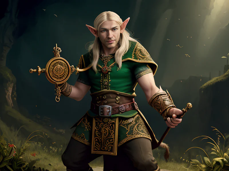 Relentless (Elf:1.35), Druid, Wears an ornate monocle that projects arcane glyphs, full-body shot