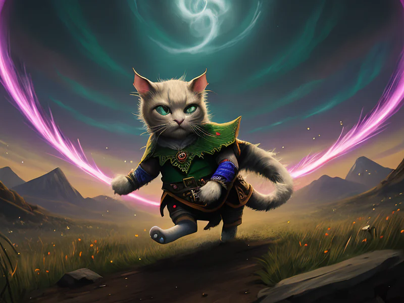 Altruistic (Elf:1.35), Bard, Spectral cat circling, purring with energy, three-quarter view