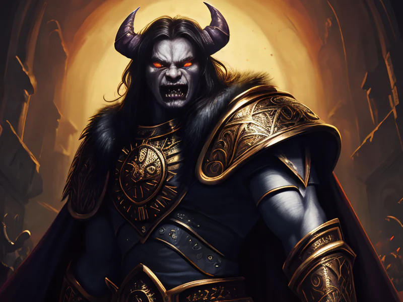 Nimble (Demon:1.35), Berserker, A cape weighted with engraved metal plates, low angle shot, powerful creature