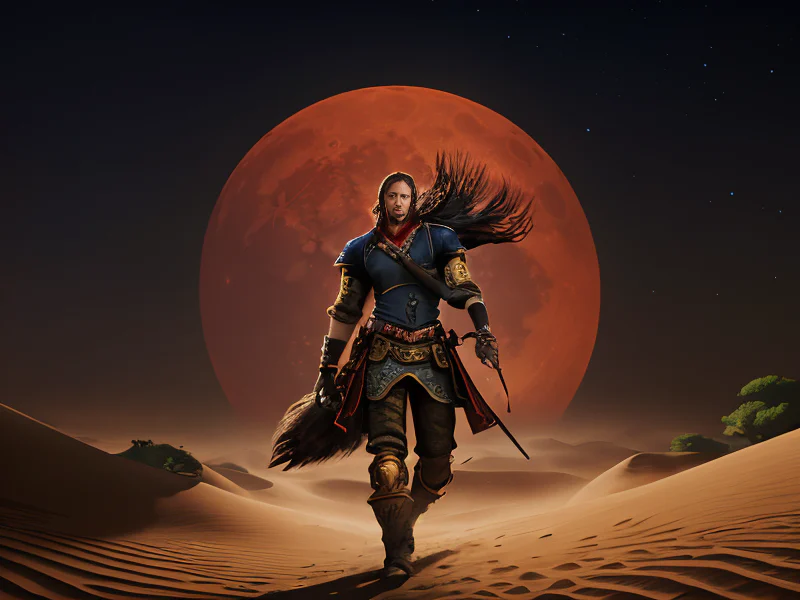 Unpredictable Human male, East Asian, Gunslinger, On a desert dune under a blood-red moon, full-body shot, powerful creature