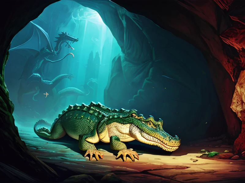 Mystical (Alligator:1.35), Inside a cavern containing a sleeping mechanical dragon, three-quarter view