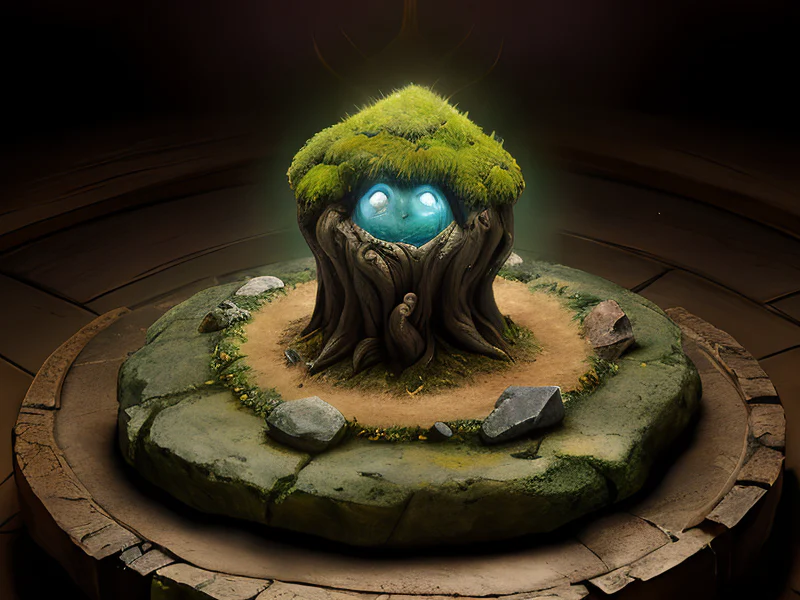 Radiant (Earth Elemental:1.35), massive stone body, mossy rock plates, root bindings, A mace with a head resembling a miniature cathedral, three-quarter view