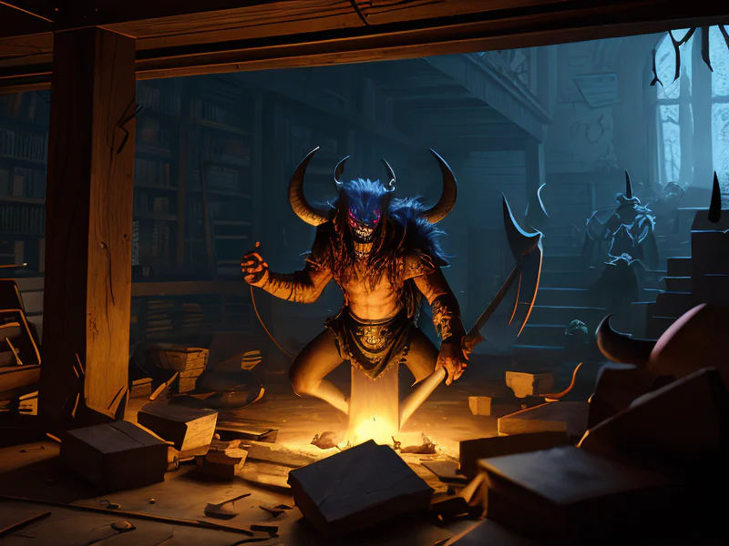Unyielding (Demon:1.35), Voidwalker, Inside a workshop scattered with levitating tools, three-quarter view