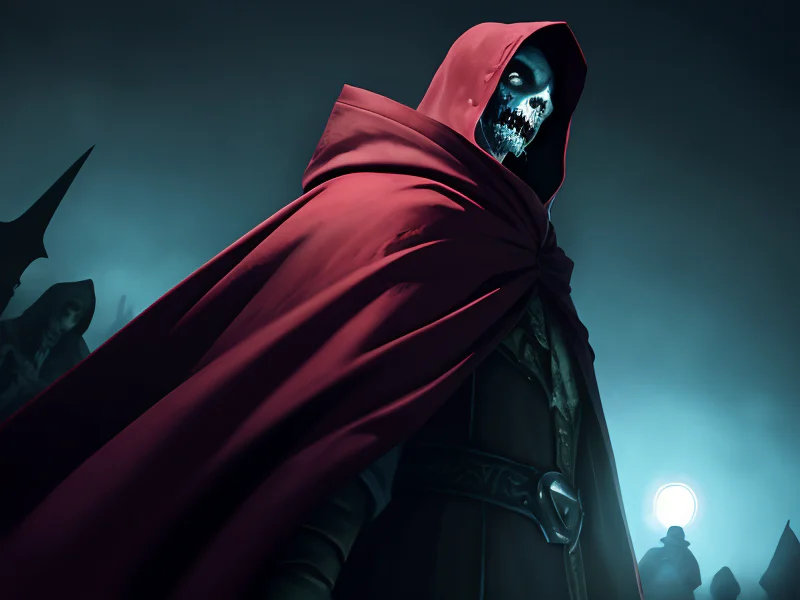 Dominant (Undead:1.35), Necromancer, A cloak fastened by a crescent-shaped clasp, low angle shot