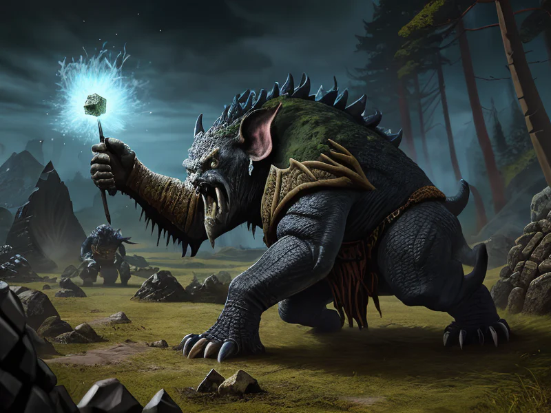 Grim (Earth Elemental:1.35), massive stone body, mossy rock plates, root bindings, Standing motionless as arrows freeze around them, three-quarter view
