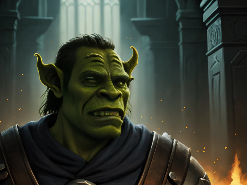 Deceptive (Orc:1.35), Bounty Hunter, In a celestial temple, bathed in divine light, three-quarter view