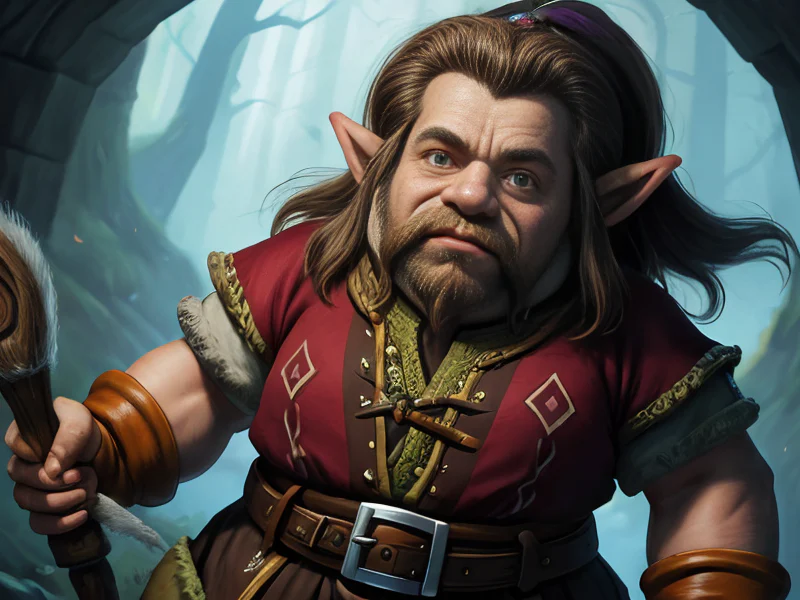 Eccentric (Dwarf:1.35), Hunter, A belt buckle carved into a staring eye, dynamic angle