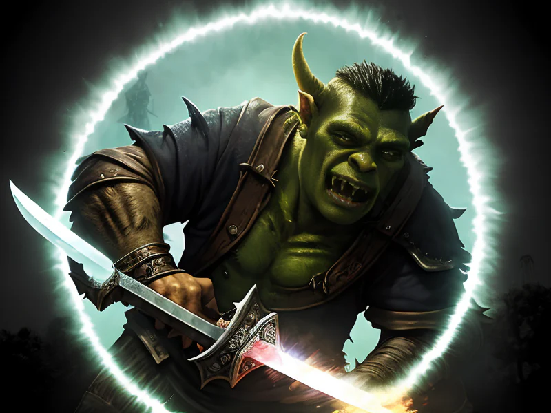 Cursed (Orc:1.35), Dragon Knight, A sword forged from layered sheets of translucent glass, three-quarter view
