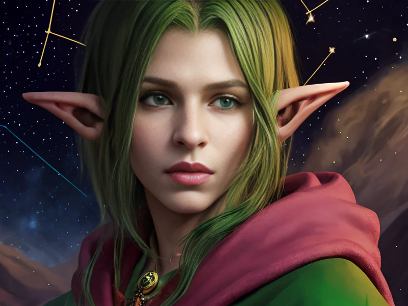 Sinister (Elf:1.35), Bard, Robes embroidered with celestial constellations, close-up portrait