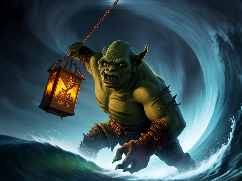 Nimble (Orc:1.35), Warlock, A rune-carved lantern swinging at their side, dynamic angle, very powerful creature