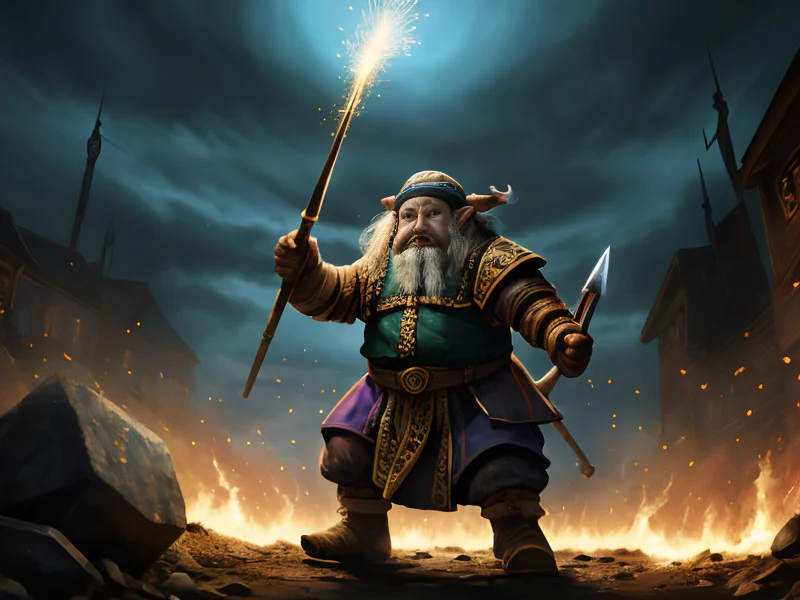 Loyal (Dwarf:1.35), Hunter, Eyes that pierce through darkness, three-quarter view, powerful creature