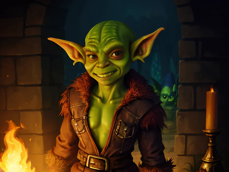 Flame-touched (Goblin:1.35), Hunter, Toxic green aura, waist-up shot