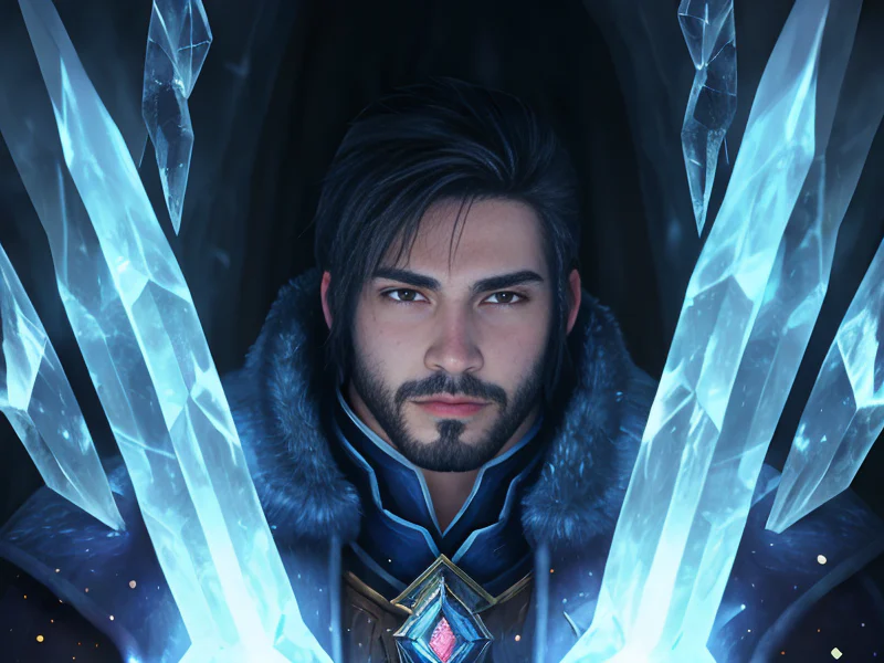 Icebound Human male, Latino, Templar, Inside a sanctum of floating crystals, humming with power, three-quarter view