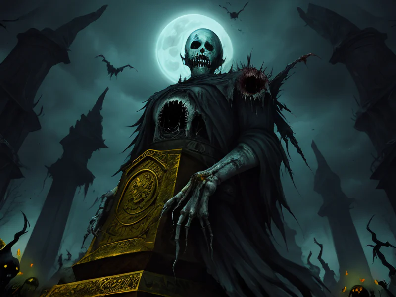 Tenacious (Undead:1.35), Assassin, At the base of a towering statue, lost in thought, dynamic angle