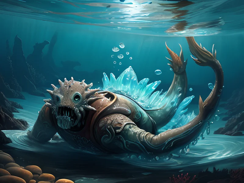 Compassionate (Water Elemental:1.35), translucent water body, wave limbs, tide core, foam, Atop a fallen colossus half-buried in the desert, three-quarter view