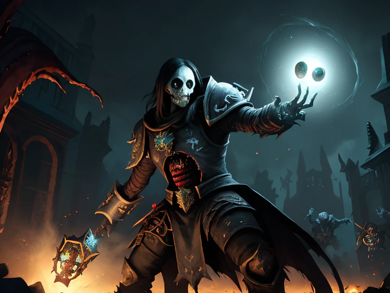 Tideborn (Undead:1.35), Blightbringer, Repelling shadows from suspended orb, dynamic angle, extremely powerful creature