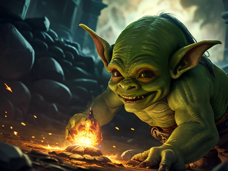 Celestial (Goblin:1.35), Summoner, Carving a blazing symbol into the ground, close-up portrait, extremely powerful creature