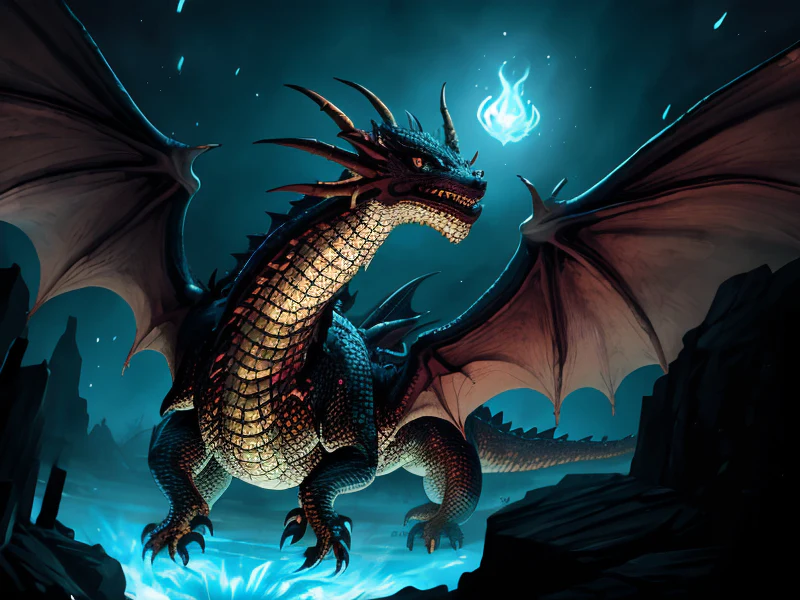 Feral (Dragon:1.35), A lantern filled with blue witchfire, low angle shot, very powerful creature