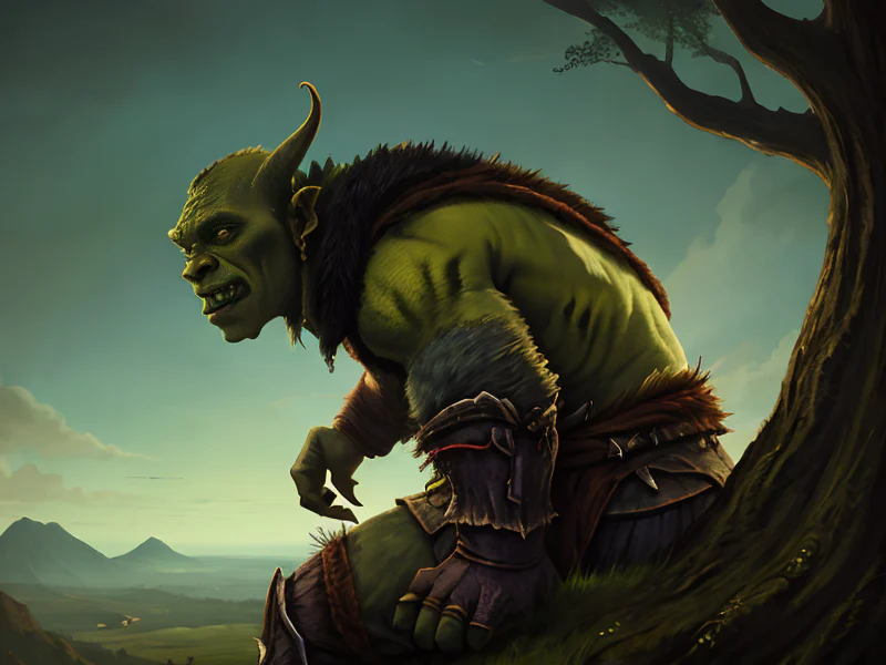 Generous (Orc:1.35), Beastmaster, Perched atop a tree, scanning the horizon, dynamic angle, powerful creature
