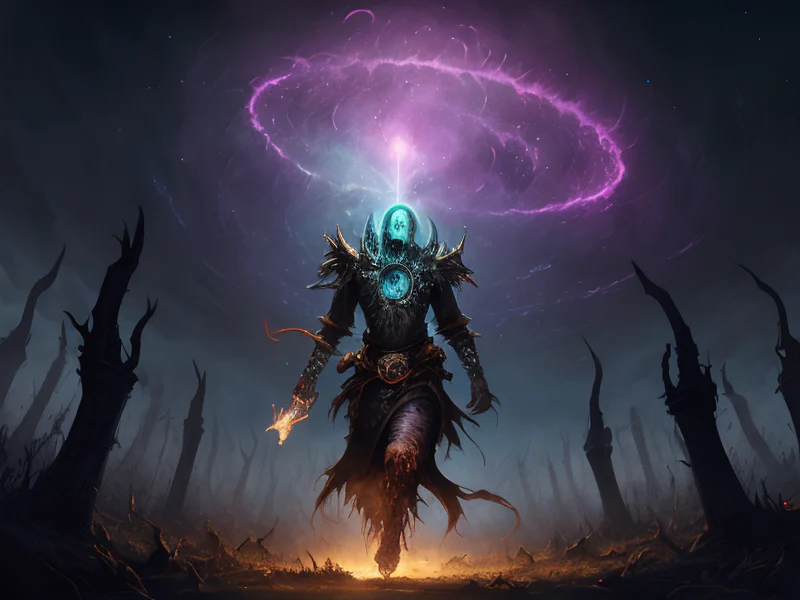Nimble (Undead:1.35), Wraithblade, Carrying a vial of swirling nebula dust, waist-up shot, powerful creature