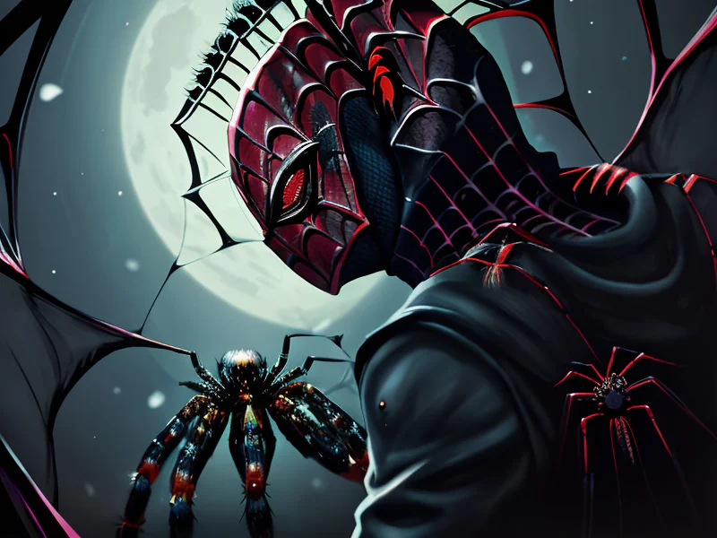 Mystical (Giant Spider:1.35), A mask painted with a permanent sorrowful expression, three-quarter view