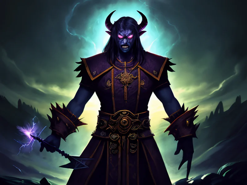 Duskwoven (Demon:1.35), Summoner, A wand tipped with a captured spark of dawn, waist-up shot