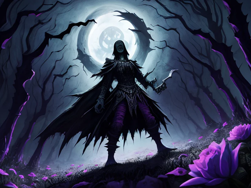 Nightbound (Undead:1.35), Harbinger, Vortex of petals around feet, low angle shot