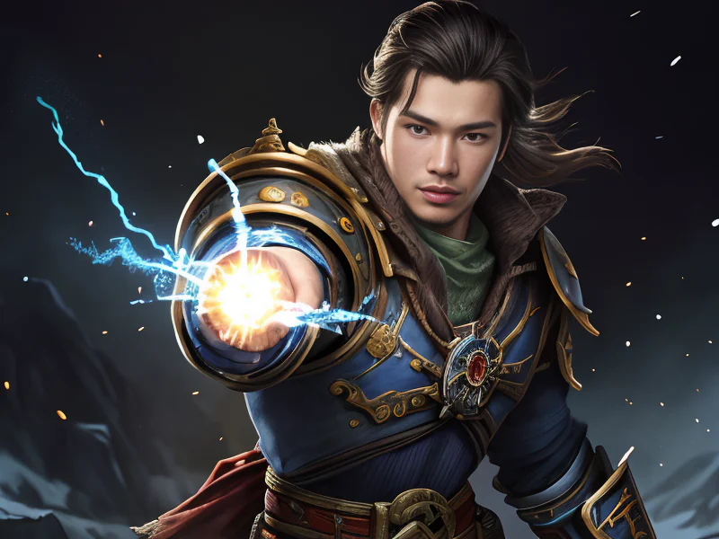 Radiant Human male, Southeast Asian, Ranger, A belt lined with tiny alchemical charms, dynamic angle