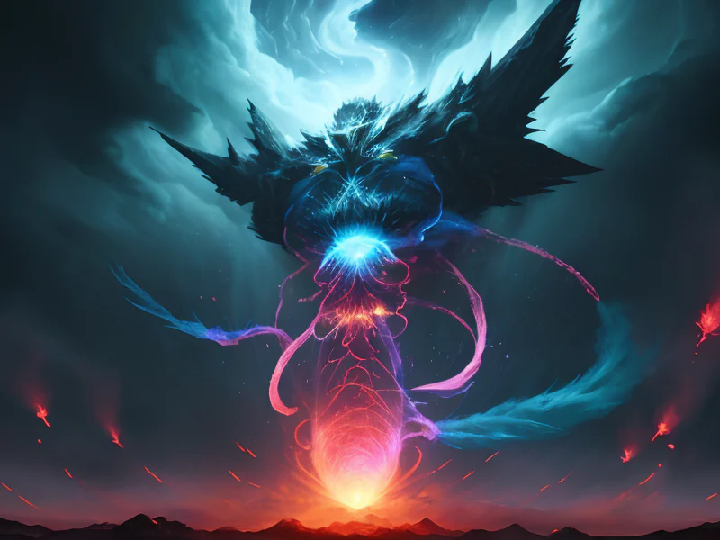Mystical (Air Elemental:1.35), semi-transparent wind body, cyclone torso, cloud wisps, A pulse of color radiating outward with each heartbeat, dynamic angle