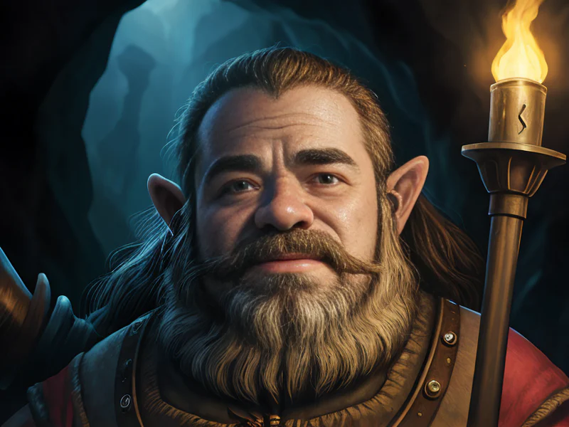 Steel-minded (Dwarf:1.35), Artificer, Holding a torch in a dark cavern, close-up portrait