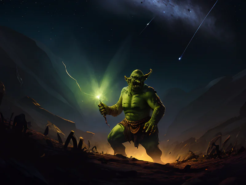 Rabid (Orc:1.35), Blood Mage, In a moonlit crater, gazing at the stars, three-quarter view