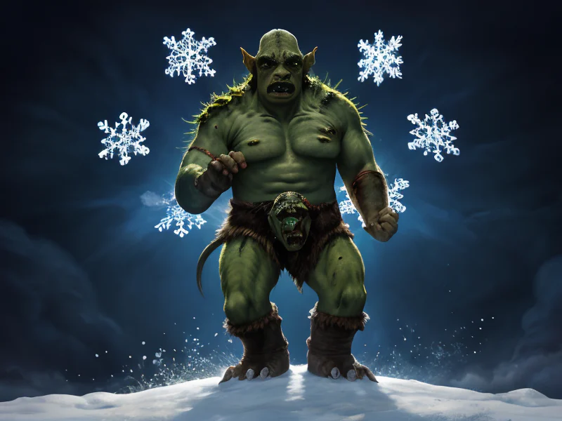 Deep-rooted (Orc:1.35), Sentinel, Snowflakes forming geometric patterns in the air, full-body shot
