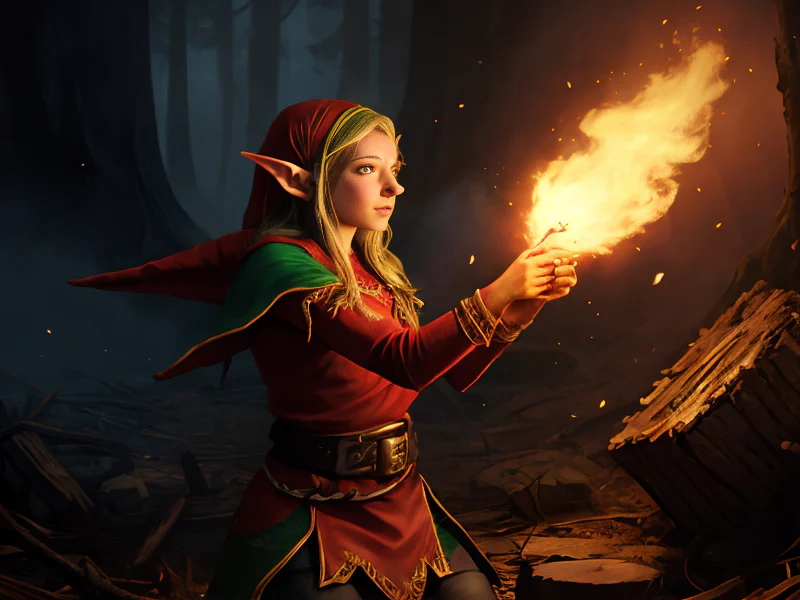 Spectral (Elf:1.35), Cleric, Catching falling embers in an open palm, three-quarter view