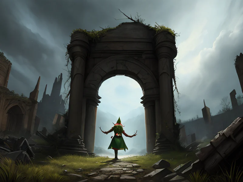 Battle-hardened (Elf:1.35), Druid, Standing under a ruined archway, ready to venture deeper, dynamic angle