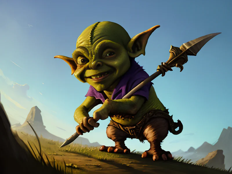 Quick-witted (Goblin:1.35), Hunter, Aiming a spear toward a descending shadow, waist-up shot