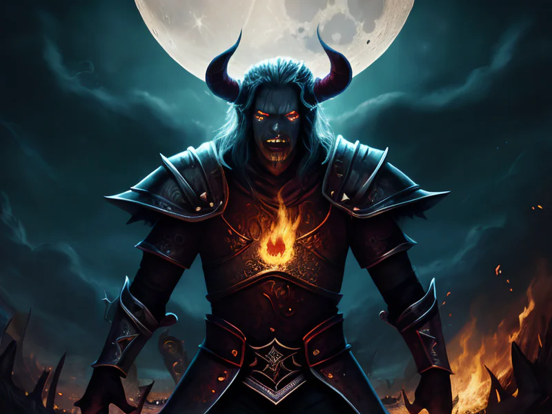 Star-touched (Demon:1.35), Pyromancer, Armor inlaid with thin lines of moonlit silver, dynamic angle
