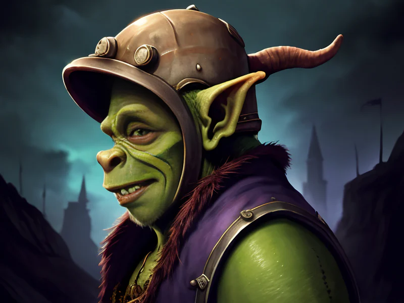 Mystical (Goblin:1.35), Trickster, Lion-shaped helmet, three-quarter view