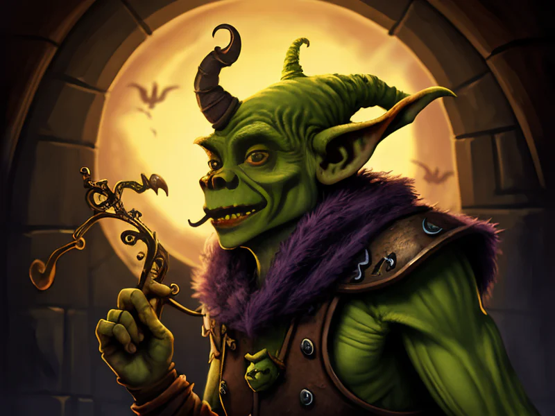 Grim (Goblin:1.35), Witch, Armor humming with soft melody, three-quarter view