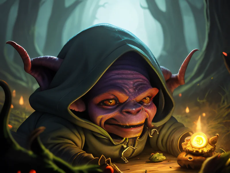 Corrupted (Goblin:1.35), Gunslinger, A hood crowned by a softly glowing mushroom, dynamic angle