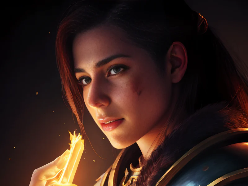Scarred Human female, Latino, Paladin, Hands stained with glowing ink, three-quarter view