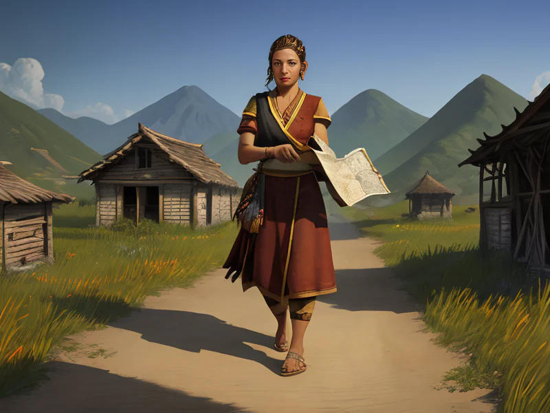 Ancient Human female, Latino, Monk, In a deserted village, clutching a tattered map, full-body shot