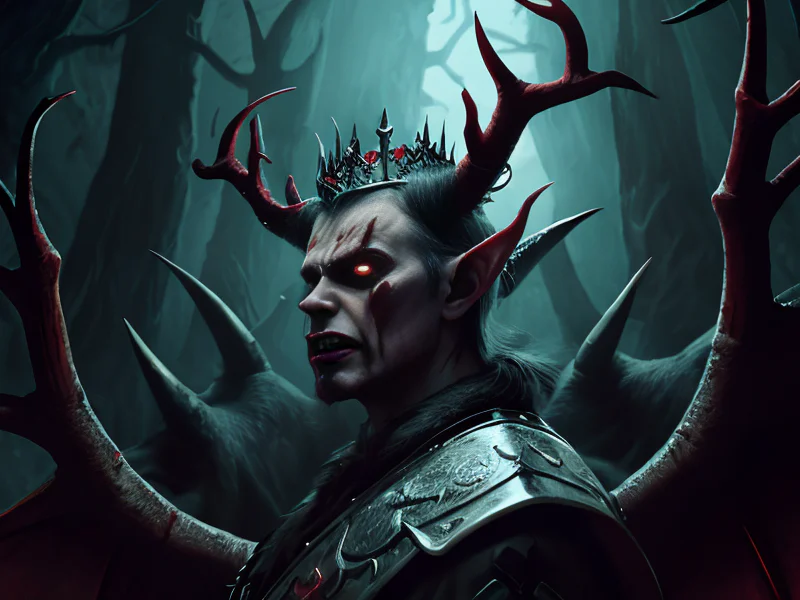 Quick-witted (Demon:1.35), Blood Mage, A crown of jagged antlers, three-quarter view