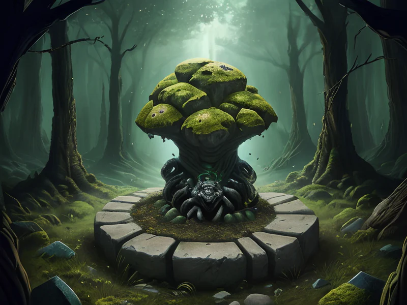 Graveborn (Earth Elemental:1.35), massive stone body, mossy rock plates, root bindings, Tattooed sigils that shift when they breathe, three-quarter view