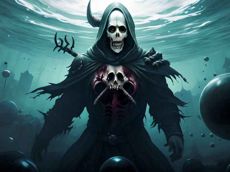 Mist-shrouded (Undead:1.35), Reaper, A trident surrounded by floating spheres of seawater, dynamic angle
