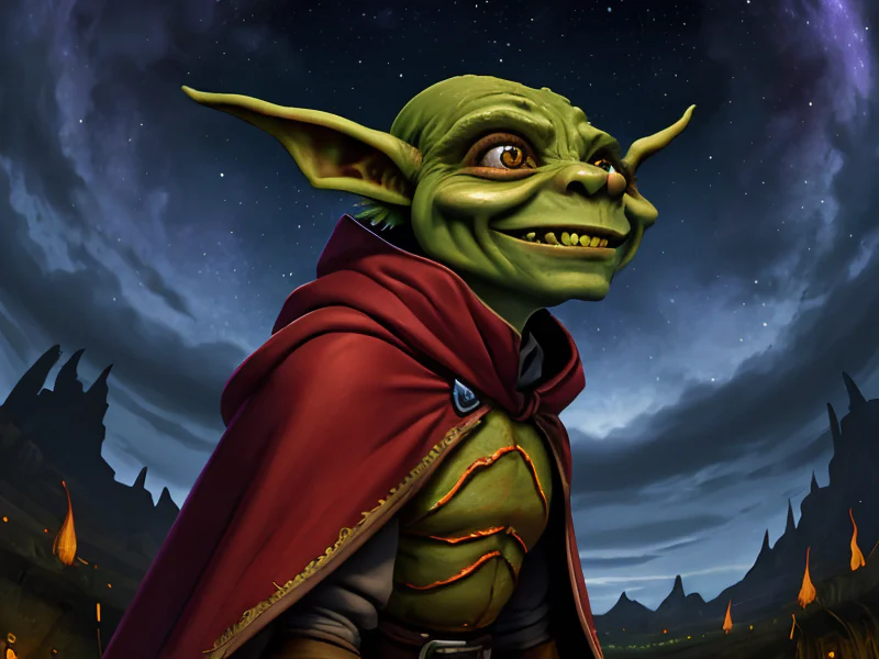 Ember-eyed (Goblin:1.35), Duelist, Wears a cloak made of starry skies, dynamic angle