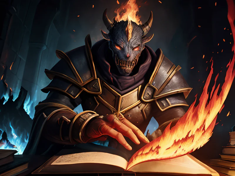 Skyforged (Fire Elemental:1.35), living blaze body, molten cracks, ember core, smoke wisps, Opening a spellbook as pages whirl overhead, dynamic angle