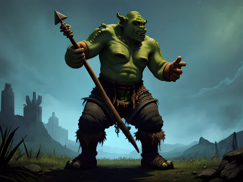 Vindictive (Orc:1.35), Beastmaster, A staff adorned with bells that ring without sound, full-body shot