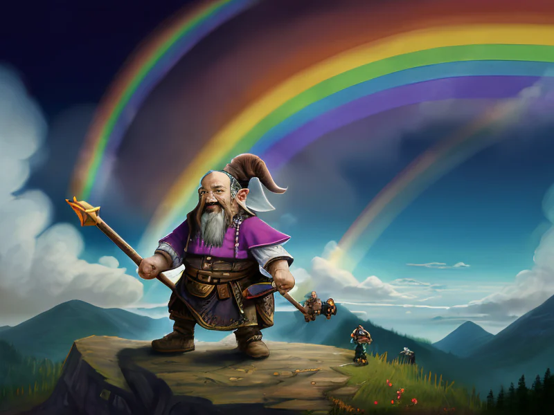 Steel-minded (Dwarf:1.35), Cleric, Charging rainbow bridge into clouds, three-quarter view